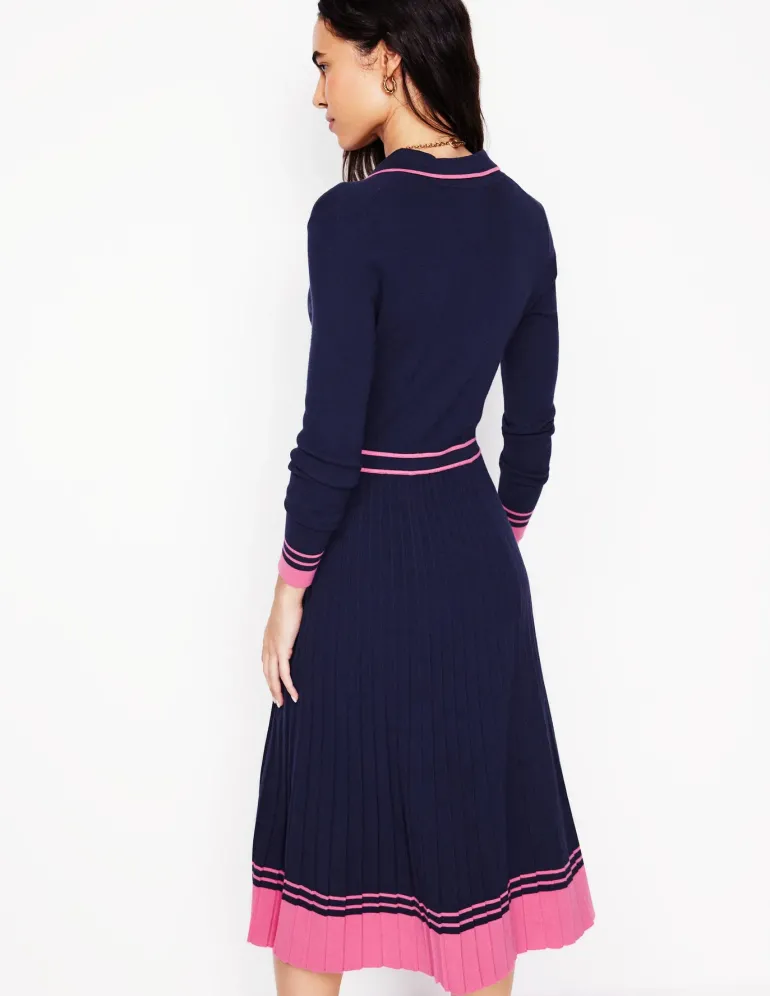 Collared Pleated Knitted Dress-Navy/Pink Colourblock-Boden Flash Sale
