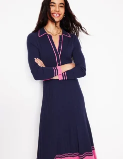 Collared Pleated Knitted Dress-Navy/Pink Colourblock-Boden Flash Sale
