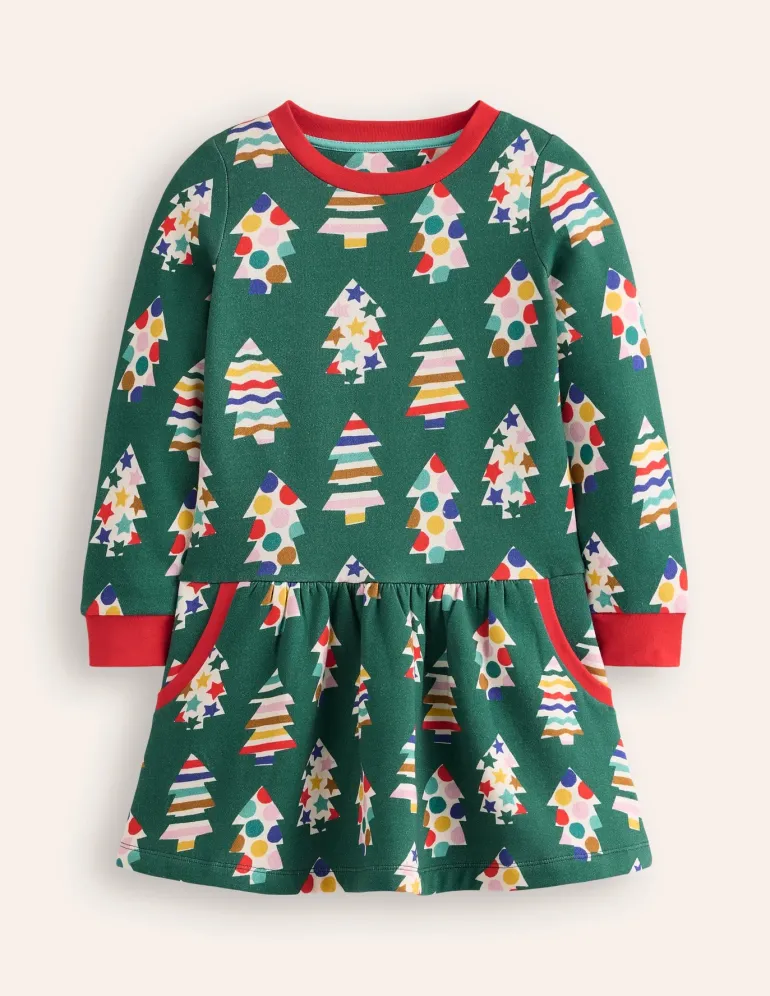 Cosy Printed Sweatshirt Dress-Jewel Green Christmas Trees-Boden Outlet