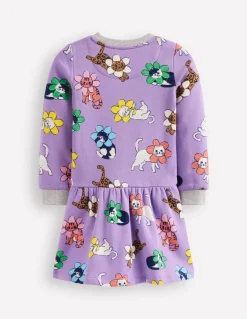 Cosy Printed Sweatshirt Dress-Aster Purple Flower Cat-Boden Hot