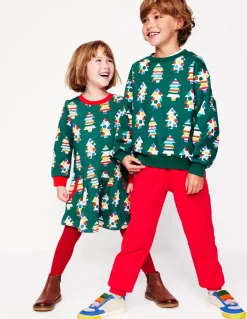 Cosy Printed Sweatshirt Dress-Jewel Green Christmas Trees-Boden Outlet
