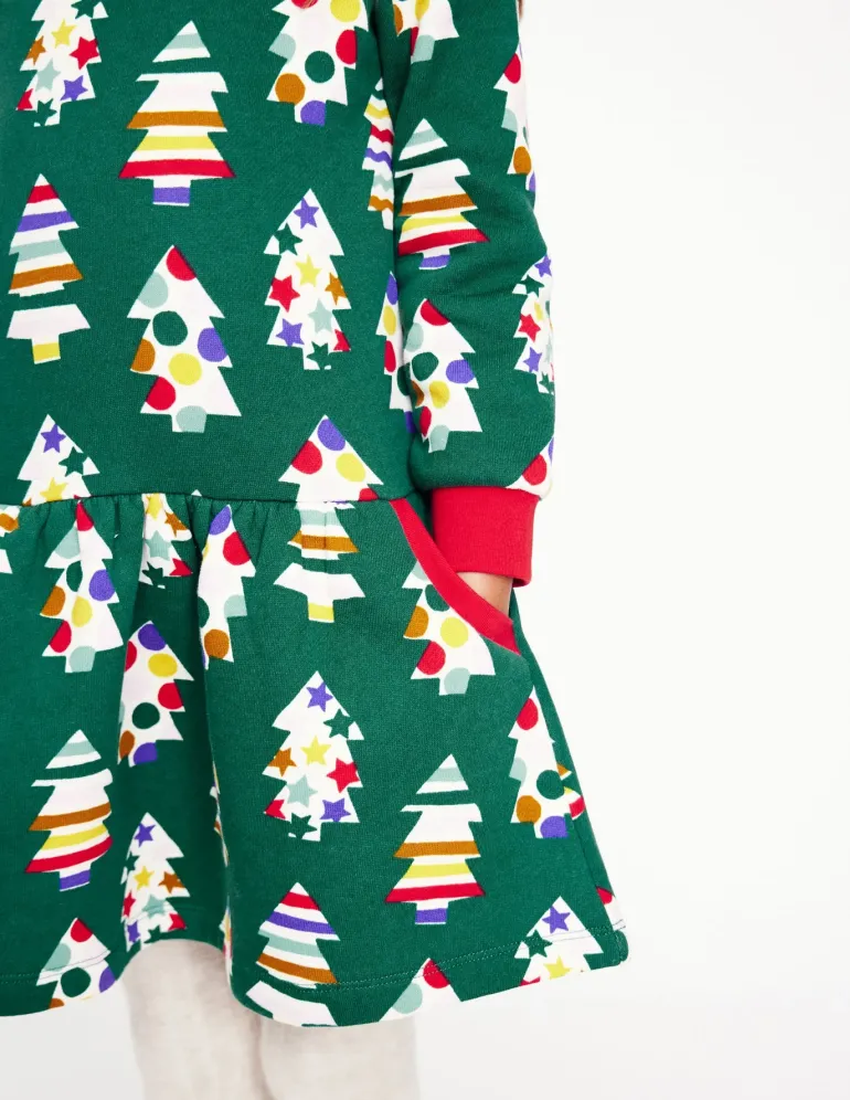 Cosy Printed Sweatshirt Dress-Jewel Green Christmas Trees-Boden Outlet
