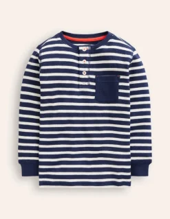 Cosy Waffle Henley T-Shirt-College Navy and Ivory Stripe-Boden Fashion