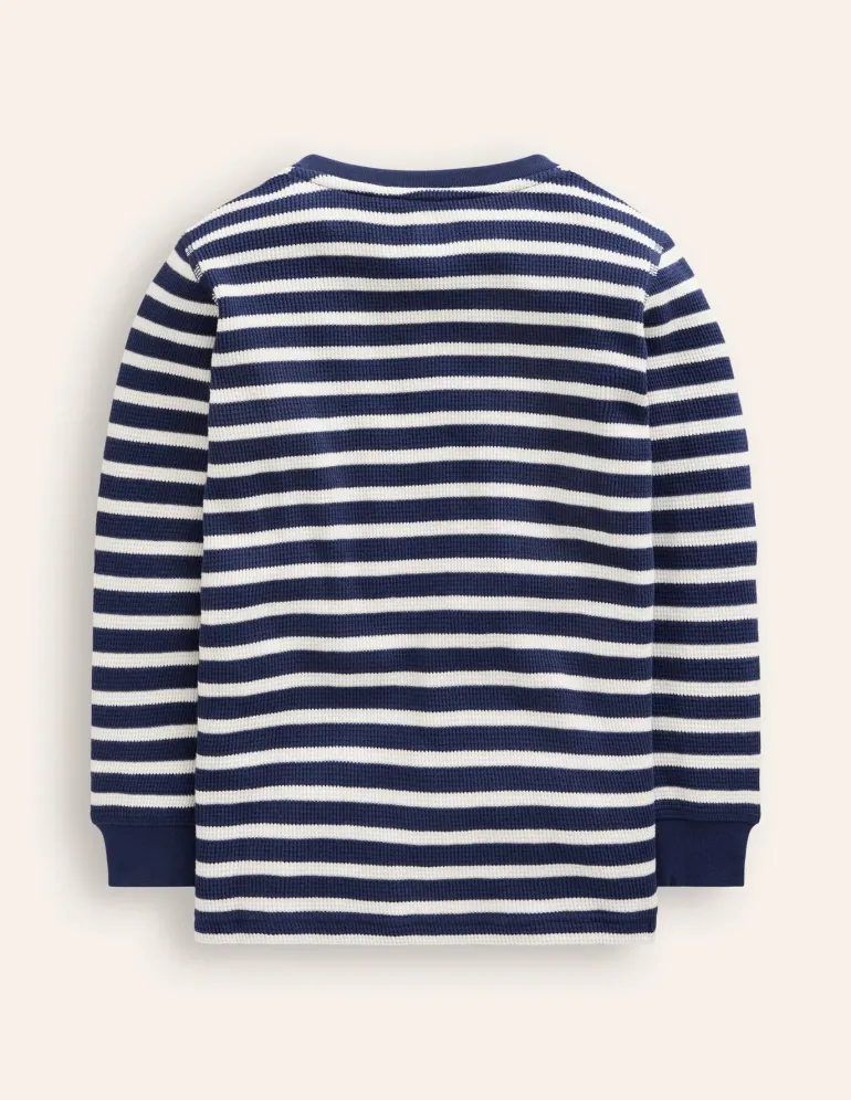Cosy Waffle Henley T-Shirt-College Navy and Ivory Stripe-Boden Fashion