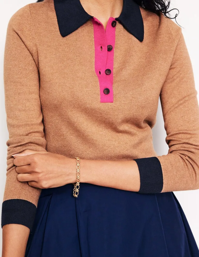 Cotton Blend Henley Sweater-Camel Melange-Boden Shop