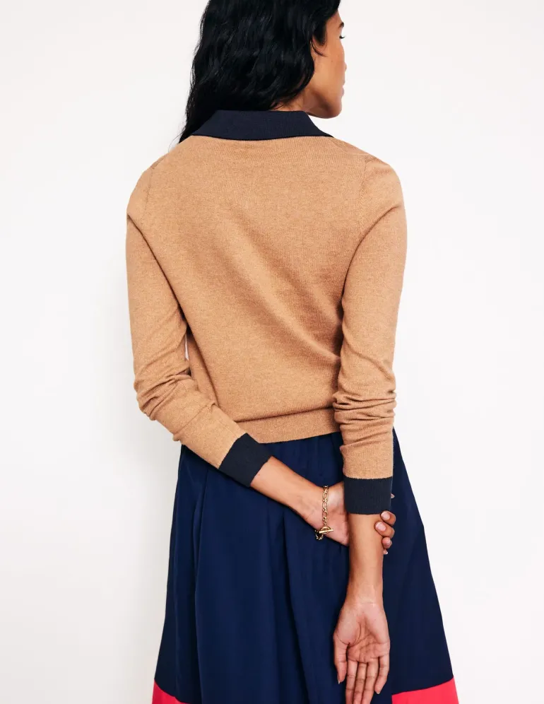 Cotton Blend Henley Sweater-Camel Melange-Boden Shop