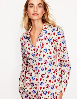 Cotton Sateen Pajama Shirt-Ivory, Heart Flutter-Boden Hot