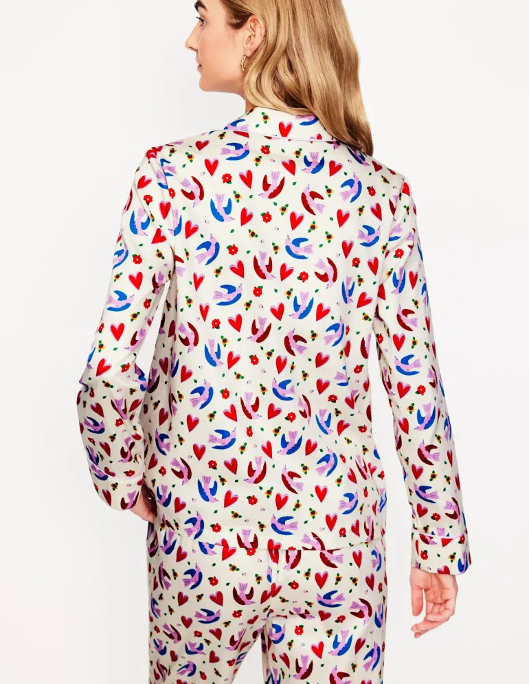 Cotton Sateen Pajama Shirt-Ivory, Heart Flutter-Boden Hot