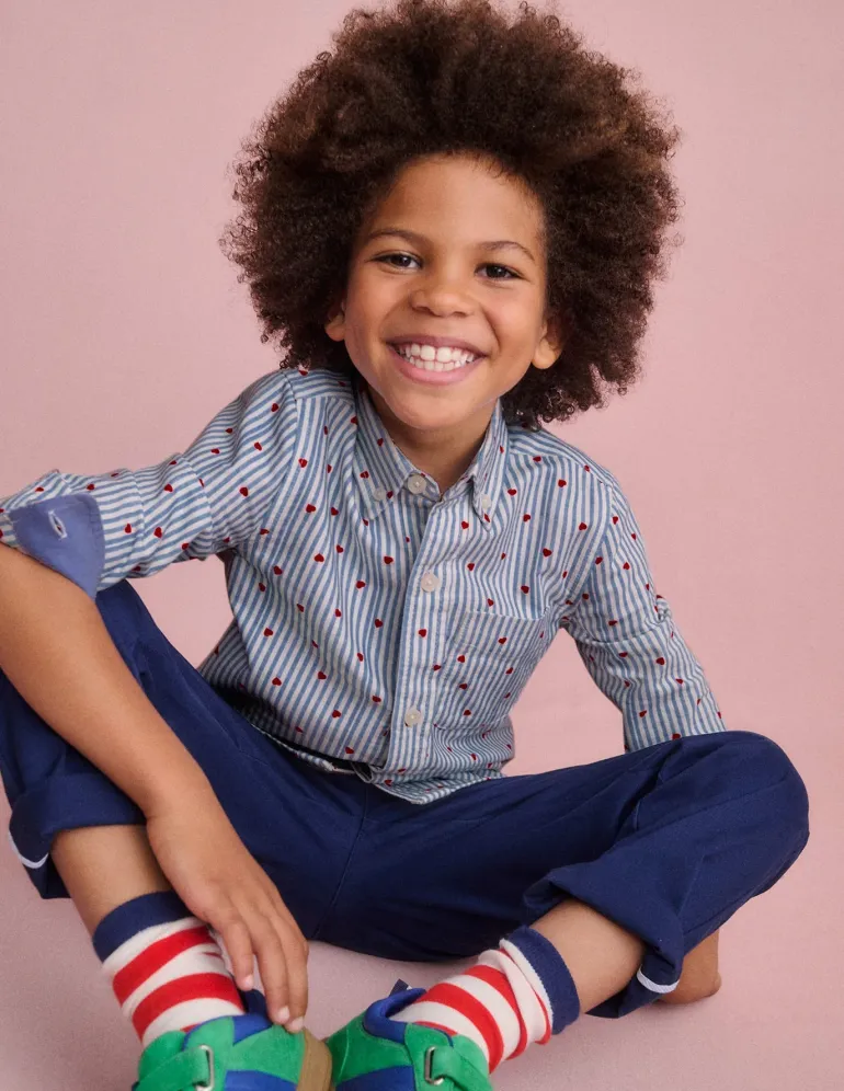 Cotton Shirt-Blue Seersucker Hearts-Boden Fashion