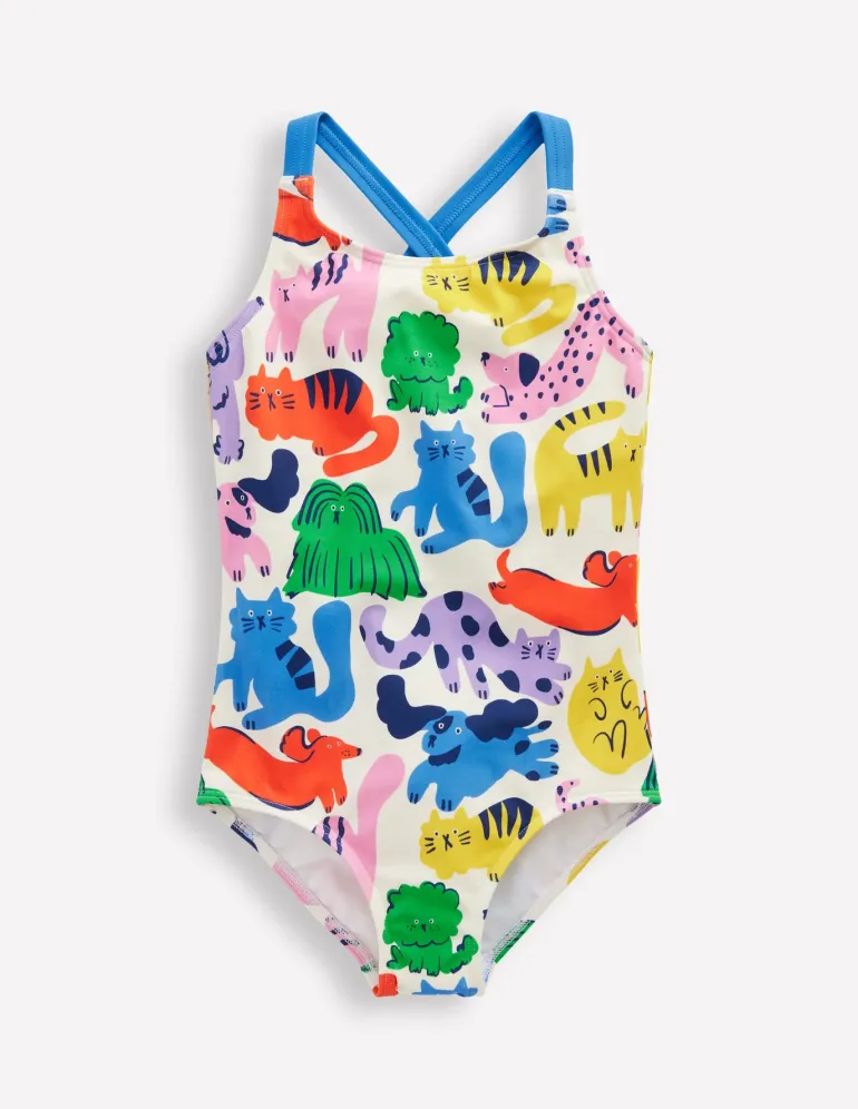 Cross-Back Printed Swimsuit-Multi Oatmeal Rainbow Pets-Boden Fashion