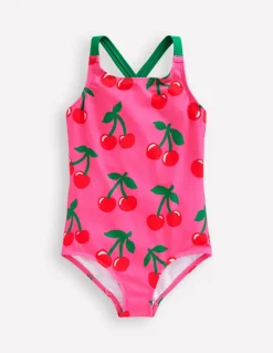 Cross-Back Printed Swimsuit-Sorbet Pink Cherries-Boden New