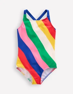 Cross-Back Printed Swimsuit-Multi Rainbow Swirl-Boden Sale