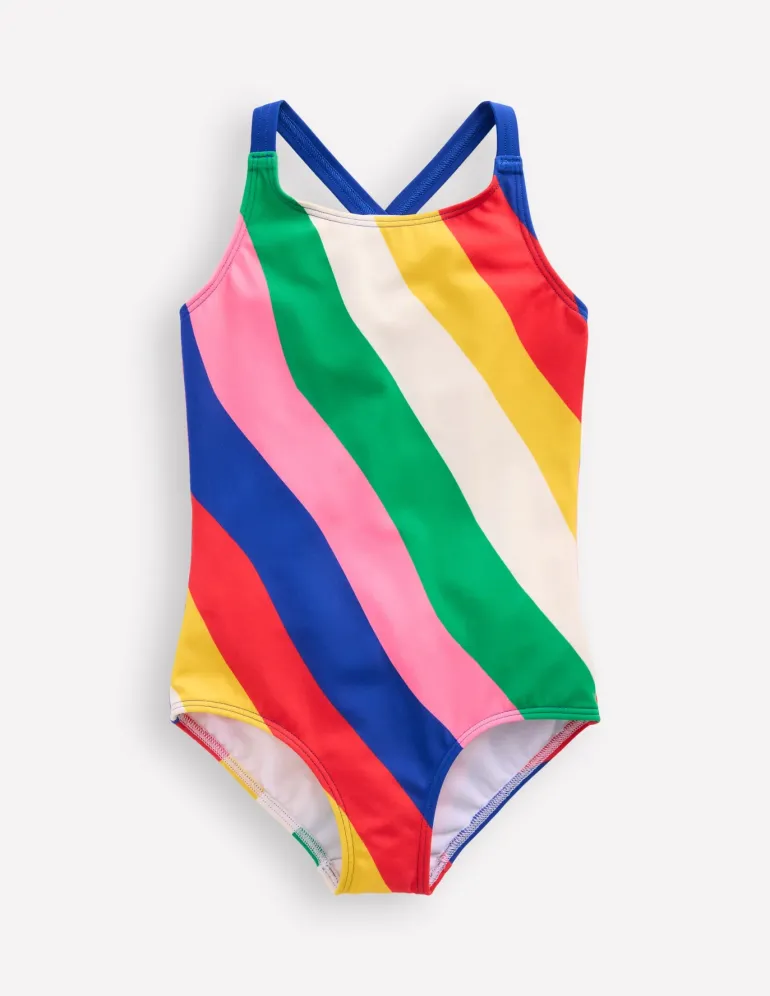 Cross-Back Printed Swimsuit-Multi Rainbow Swirl-Boden Sale