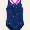 Cross-Back Printed Swimsuit-Navy, Rainbow Foil Confetti-Boden Flash Sale