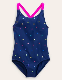 Cross-Back Printed Swimsuit-Navy, Rainbow Foil Confetti-Boden Flash Sale