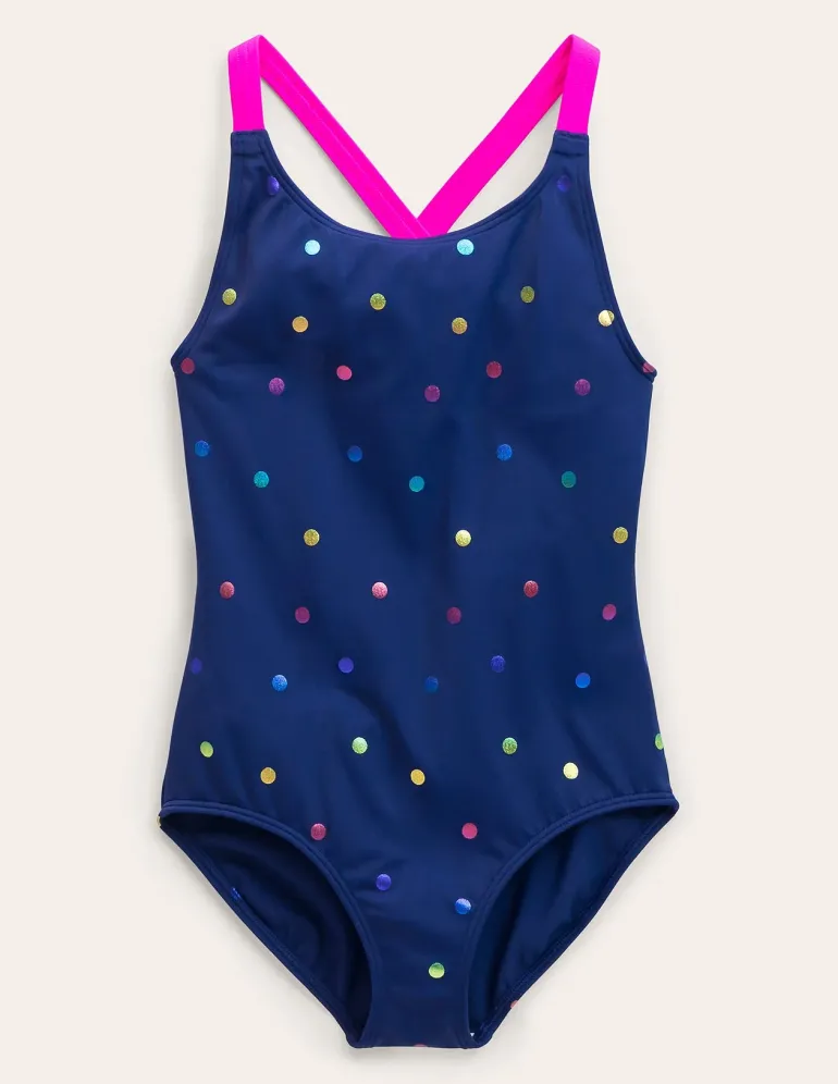 Cross-Back Printed Swimsuit-Navy, Rainbow Foil Confetti-Boden Flash Sale