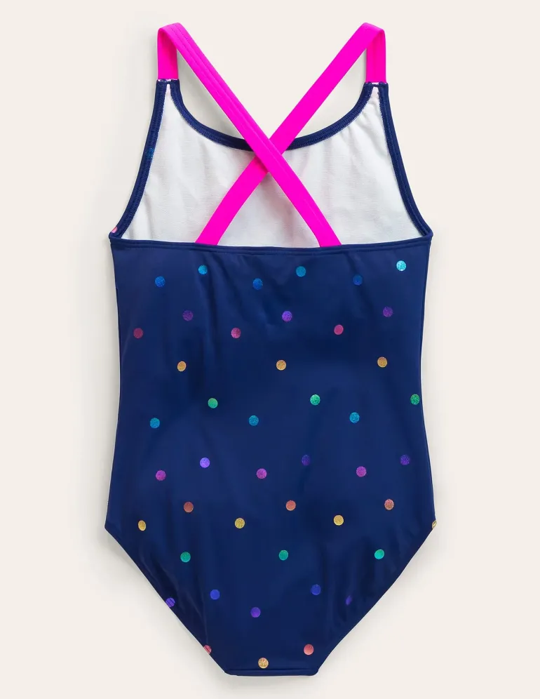 Cross-Back Printed Swimsuit-Navy, Rainbow Foil Confetti-Boden Flash Sale