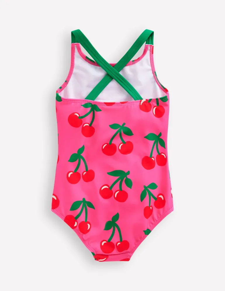 Cross-Back Printed Swimsuit-Sorbet Pink Cherries-Boden New
