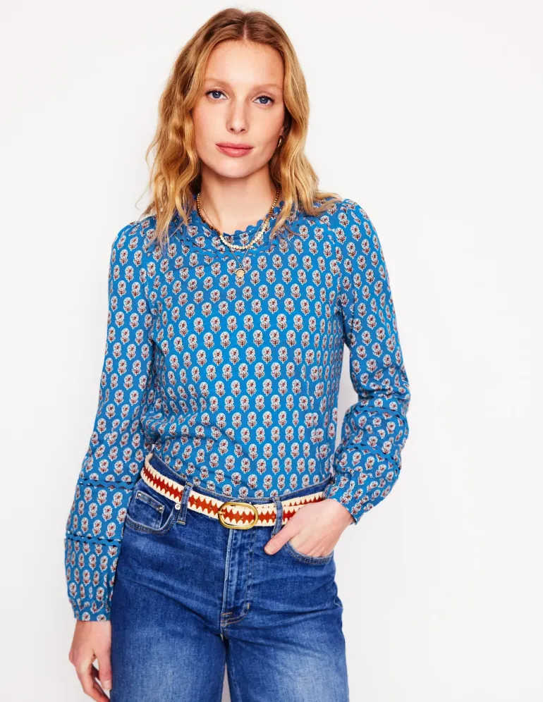 Daisy Long Sleeve Top-Gallery Blue, Camellia Stamp-Boden Flash Sale