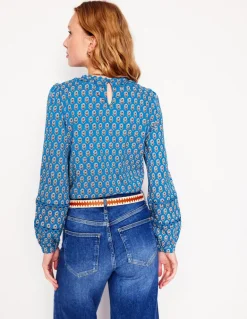 Daisy Long Sleeve Top-Gallery Blue, Camellia Stamp-Boden Flash Sale