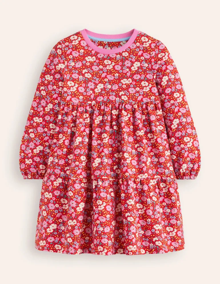 Dixie Tiered Sweatshirt Dress-Brilliant Red Flowerbed-Boden Hot