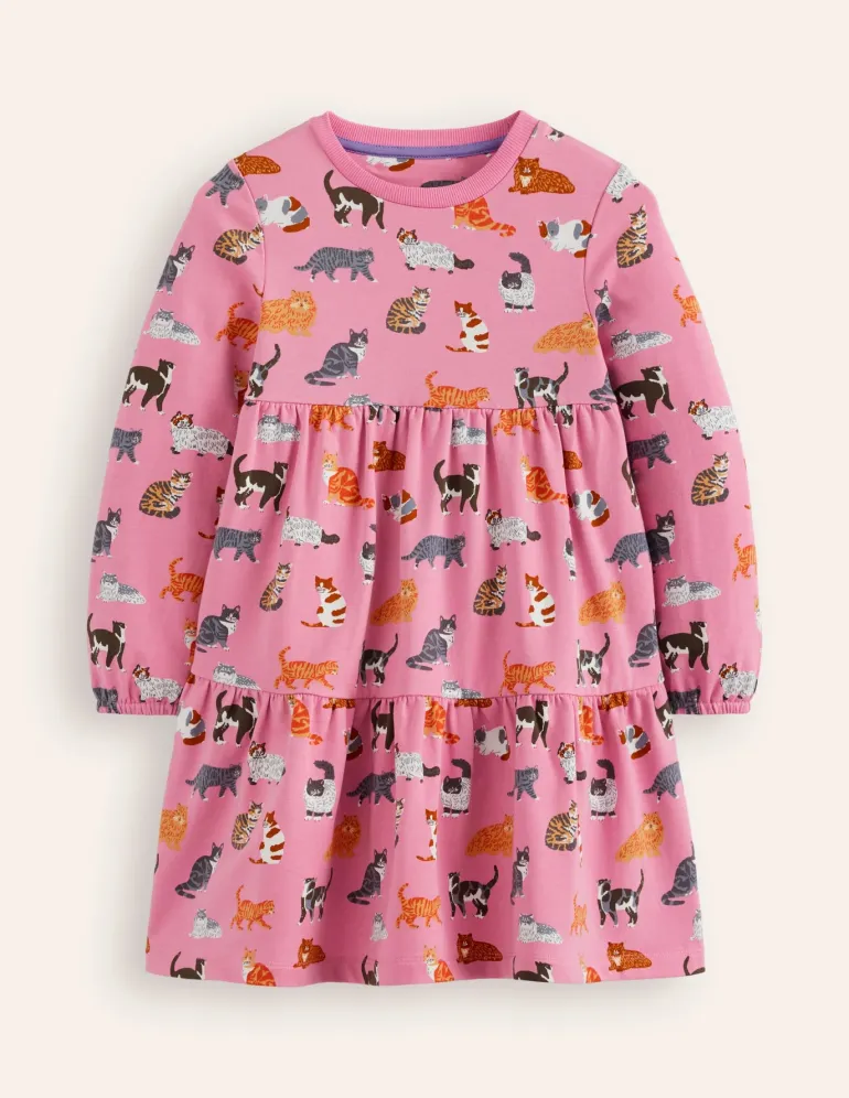 Dixie Tiered Sweatshirt Dress-Formica Pink Cats-Boden Fashion