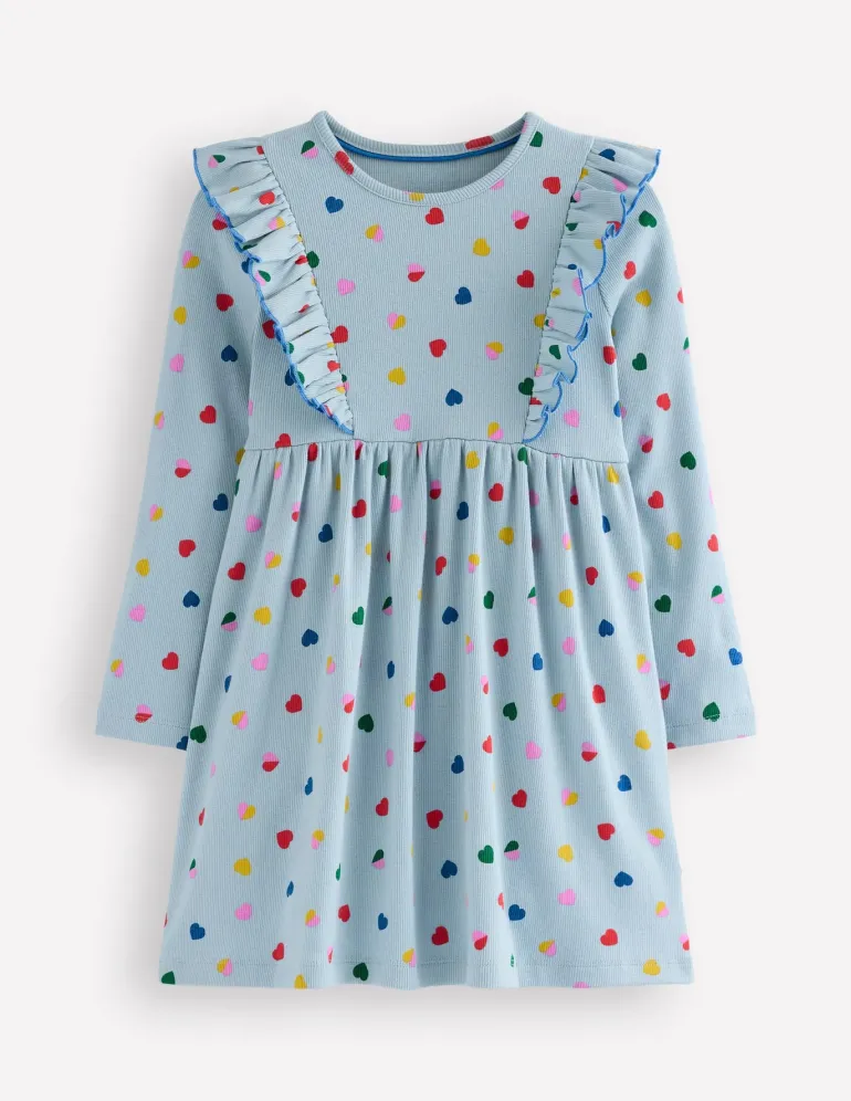 Doris Ruffle Rib Jersey Dress-Vintage Blue Confetti Heart-Boden Hot