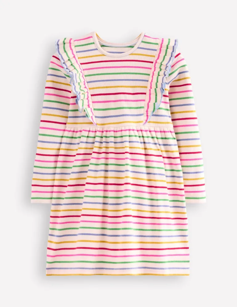 Doris Ruffle Rib Jersey Dress-Multi Rainbow Stripe-Boden Cheap