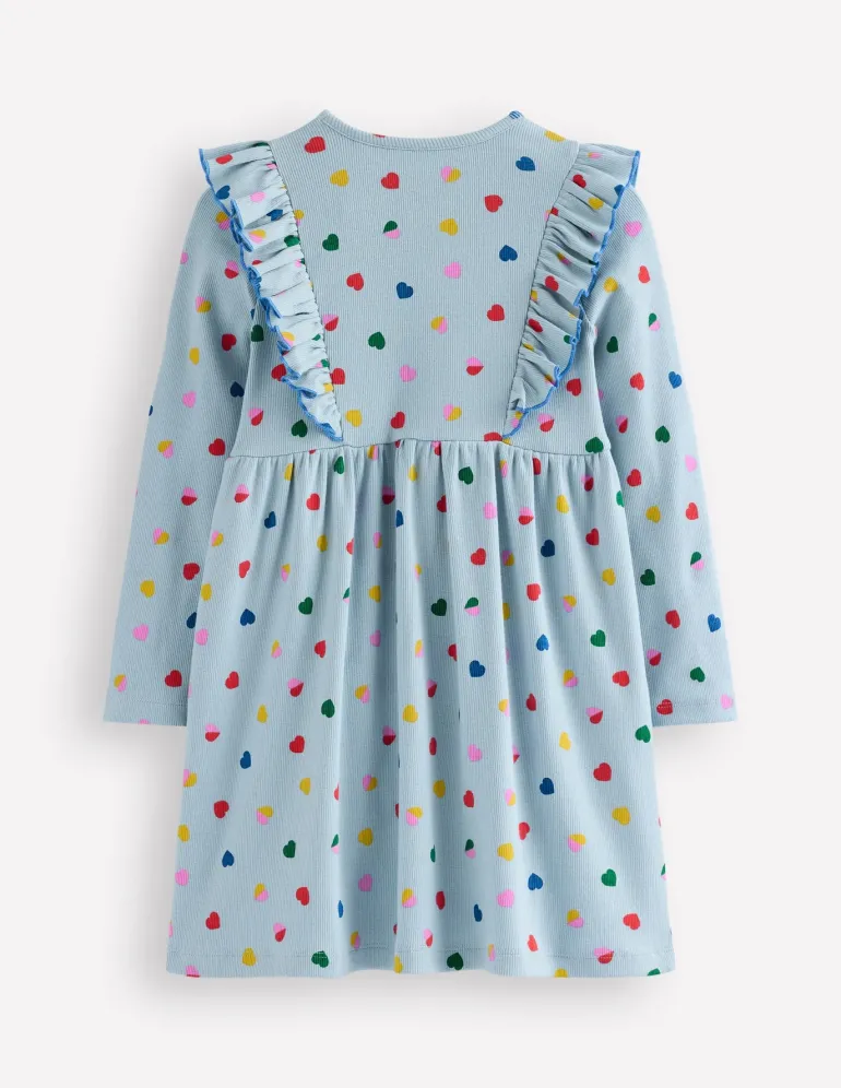 Doris Ruffle Rib Jersey Dress-Vintage Blue Confetti Heart-Boden Hot