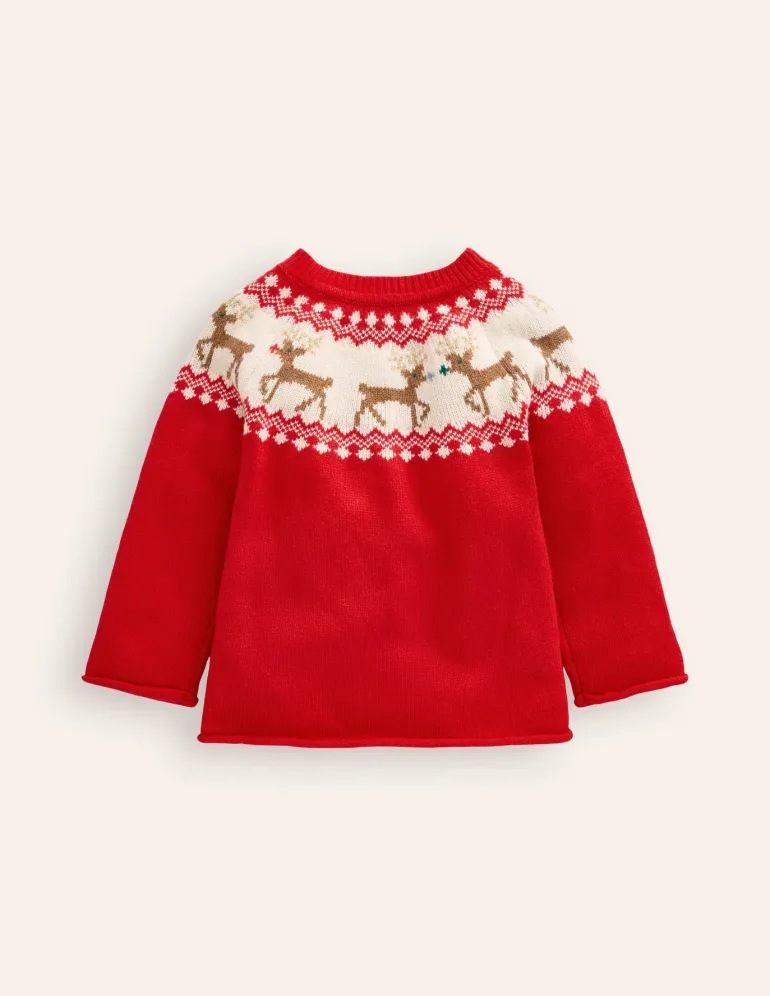 Edie Fair Isle Cardigan-Poppy red Reindeer-Boden Clearance
