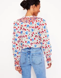 Effie Smocked Blouse-Ivory, Heart Flutter-Boden Shop