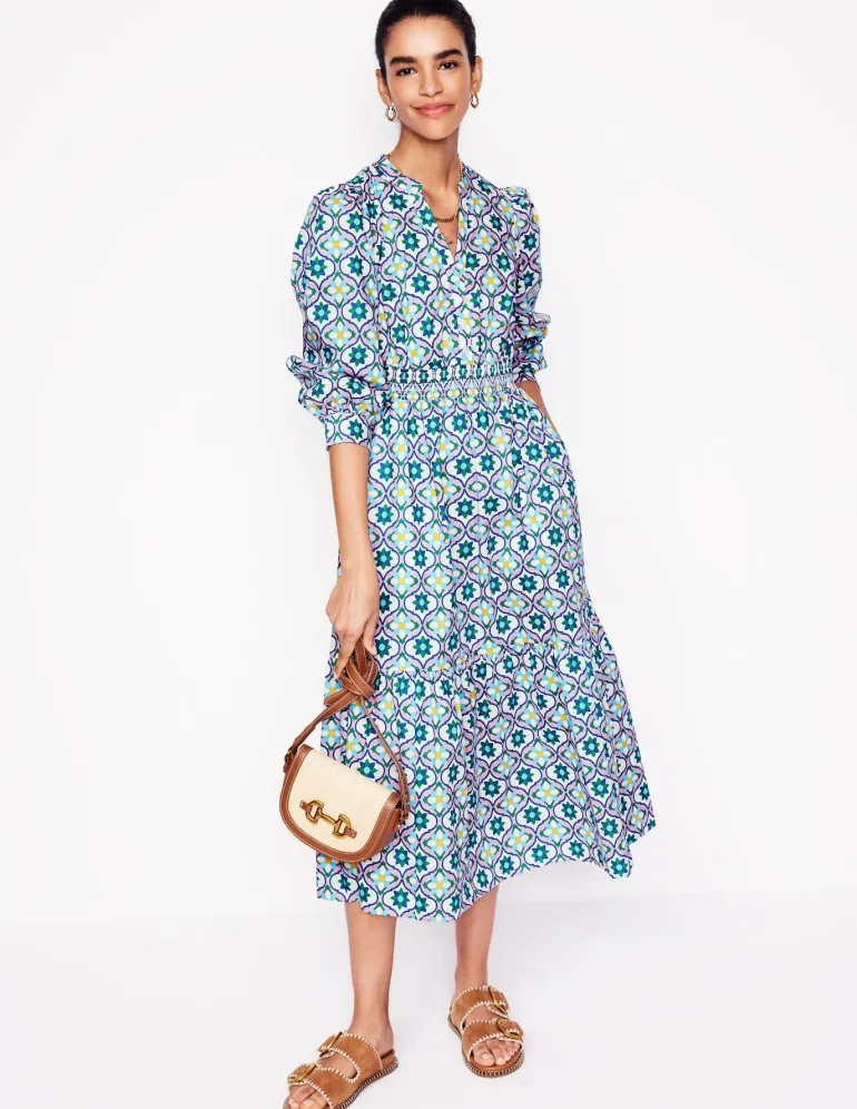 Elena Tiered Cotton Midi Dress-Multi, Floweret Tile-Boden Fashion
