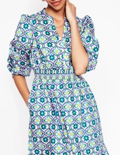 Elena Tiered Cotton Midi Dress-Multi, Floweret Tile-Boden Fashion