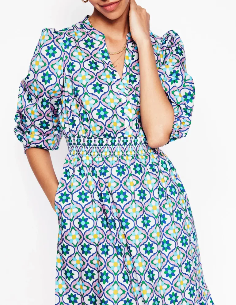 Elena Tiered Cotton Midi Dress-Multi, Floweret Tile-Boden Fashion
