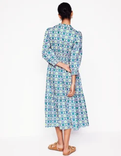 Elena Tiered Cotton Midi Dress-Multi, Floweret Tile-Boden Fashion