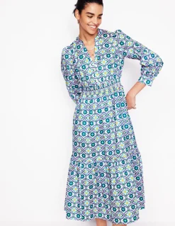 Elena Tiered Cotton Midi Dress-Multi, Floweret Tile-Boden Fashion