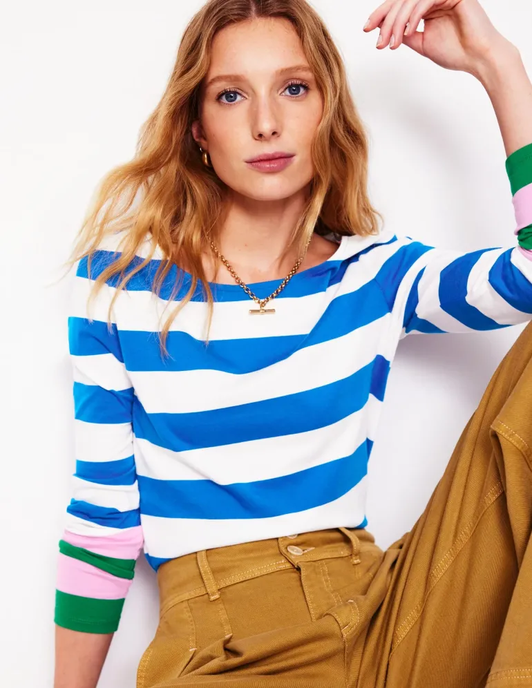 Ella Long Sleeve Breton-Gallery Blue, Emerald Cuff-Boden Sale