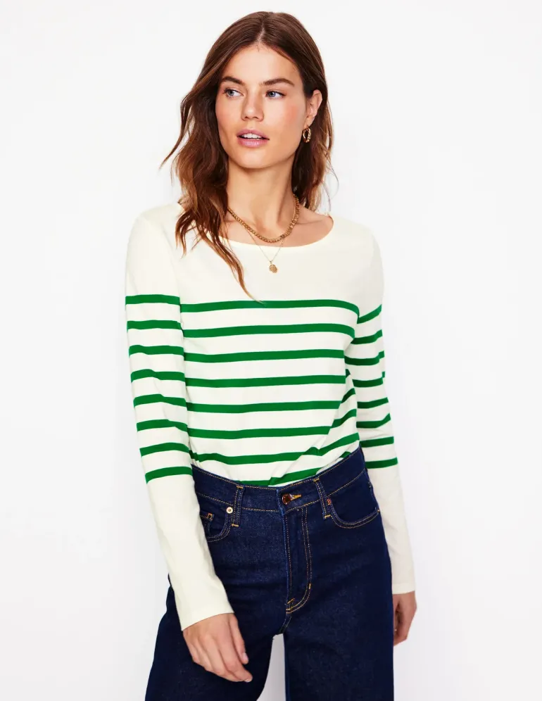Ella Long Sleeve Breton-Ivory, Rich Emerald-Boden Sale