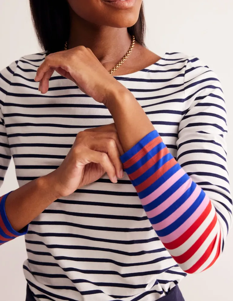 Ella Long Sleeve Breton-Ivory, French Navy Multi Cuff-Boden Fashion