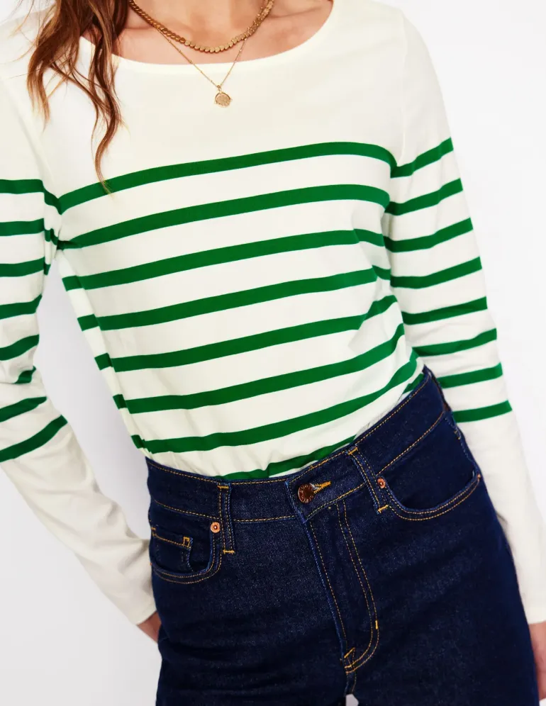 Ella Long Sleeve Breton-Ivory, Rich Emerald-Boden Sale
