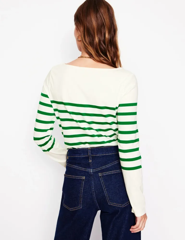 Ella Long Sleeve Breton-Ivory, Rich Emerald-Boden Sale