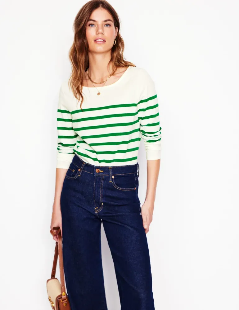 Ella Long Sleeve Breton-Ivory, Rich Emerald-Boden Sale