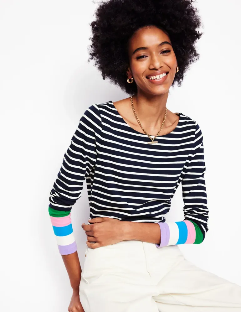Ella Long Sleeve Breton-Navy Multi Cuff-Boden Clearance