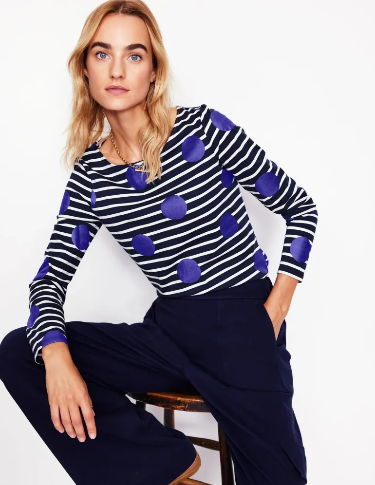 Ella Long Sleeve Breton-Navy, Ivory, Blue Spot-Boden Flash Sale