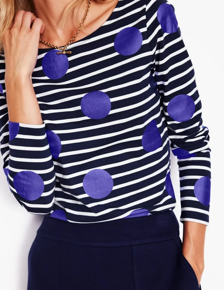 Ella Long Sleeve Breton-Navy, Ivory, Blue Spot-Boden Flash Sale