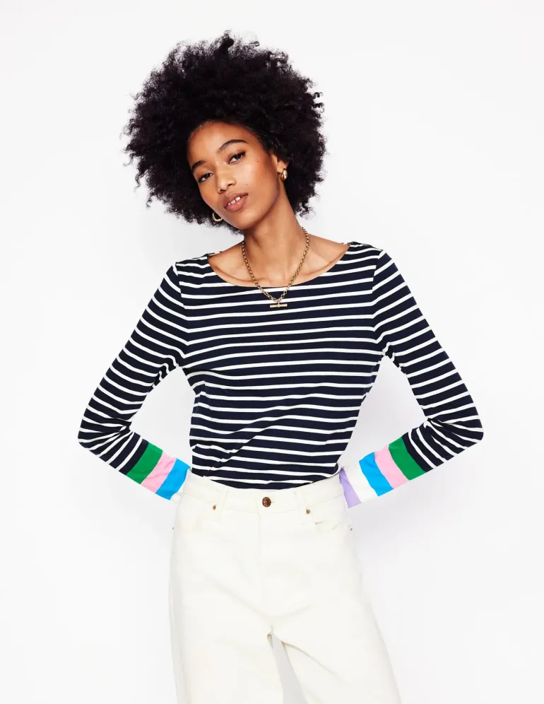 Ella Long Sleeve Breton-Navy Multi Cuff-Boden Clearance