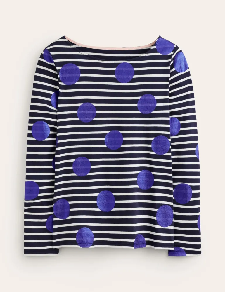 Ella Long Sleeve Breton-Navy, Ivory, Blue Spot-Boden Flash Sale