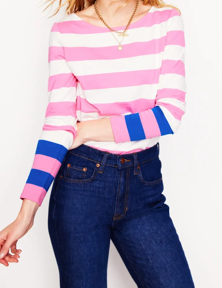 Ella Long Sleeve Breton-Pink Rose, Gallery Blue Cuff-Boden New