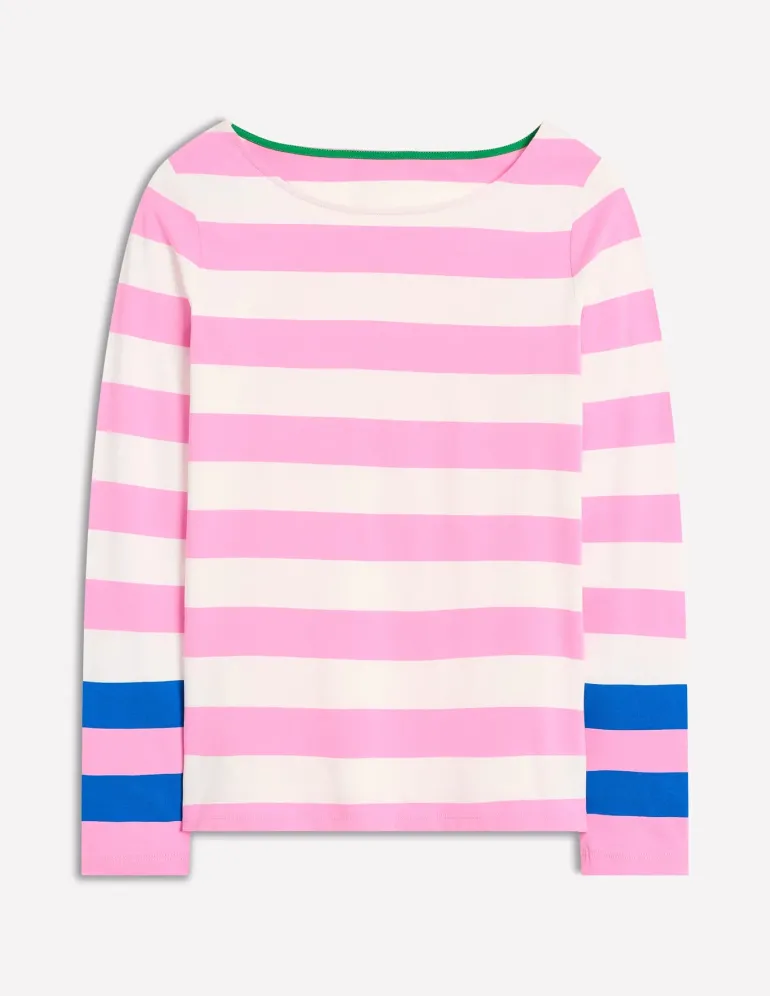 Ella Long Sleeve Breton-Pink Rose, Gallery Blue Cuff-Boden New