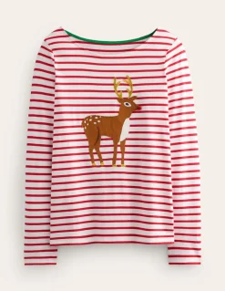 Ella Long Sleeve Breton-Red, Reindeer Stripe-Boden Flash Sale